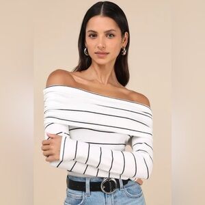 Lulu's White w/ Black Stripes Off-the-Shoulder Blouse